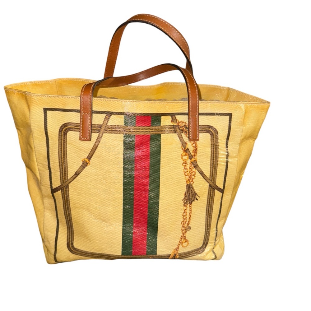 Vintage GUCCI Bag Ladies Tote Bag Shelly Line Coated Canvas Yellow pre- owned - Picture 3 of 14